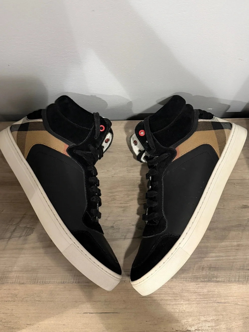 Burberry Black High-Top Leather & Suede Sneakers with Cream Soles